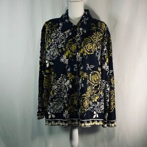 Life Style Woman Navy Yellow Floral Sequin Cotton Button Up Shirt 1X RN 94153
